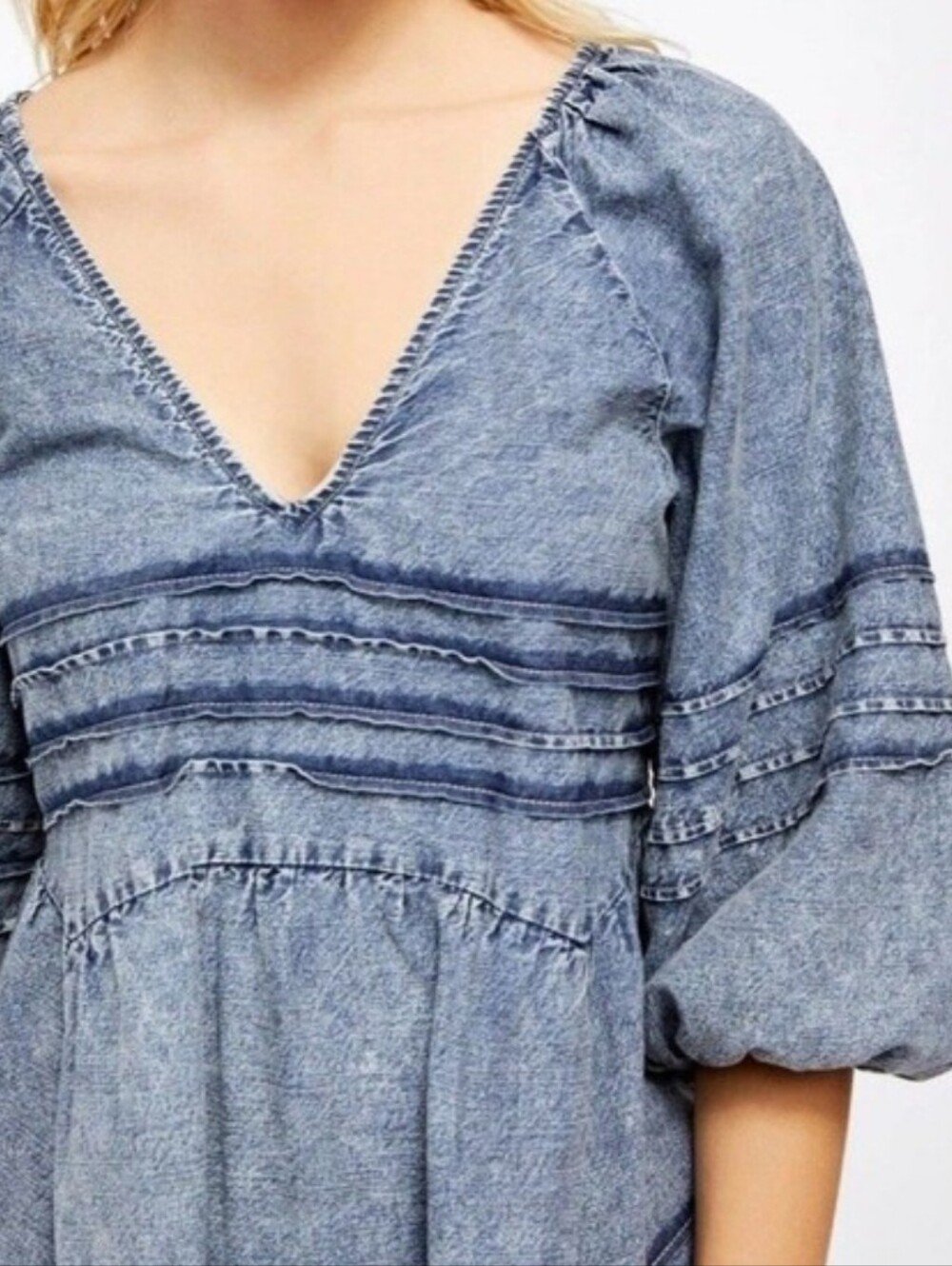 Free People washeddenim puff sleeve open, tie-back mini dress - Picture 5 of 14
